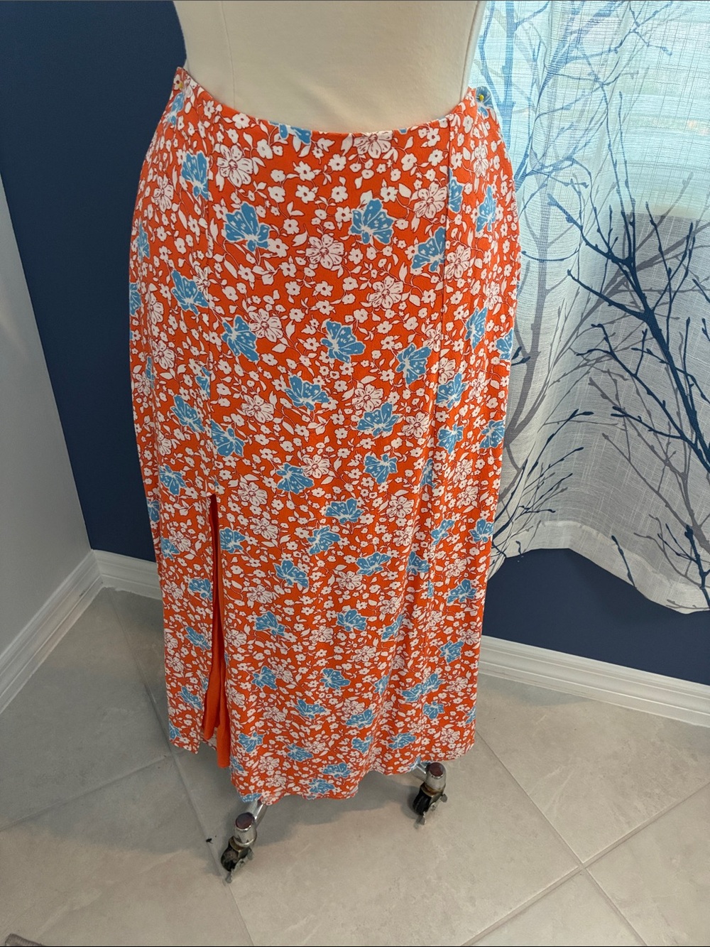 Mauve by Anthropologie Floral Orange Maxi Skirt with Blue Accents